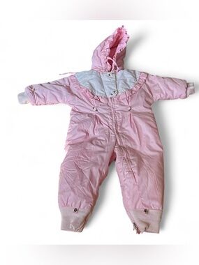 90s baby pink snow suit with eyelet and rosette detail size 18months